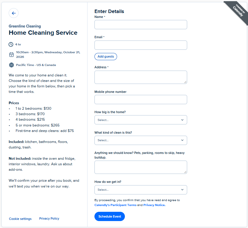 The Calendly booking page for Greenline Cleaning, with the service description and the booking form